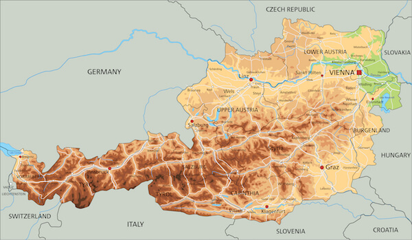 Map of Austria - Austria physical map with neighbouring countries