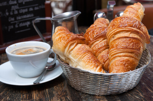 Food in France: Traditional croissants and coffee for a French breakfast